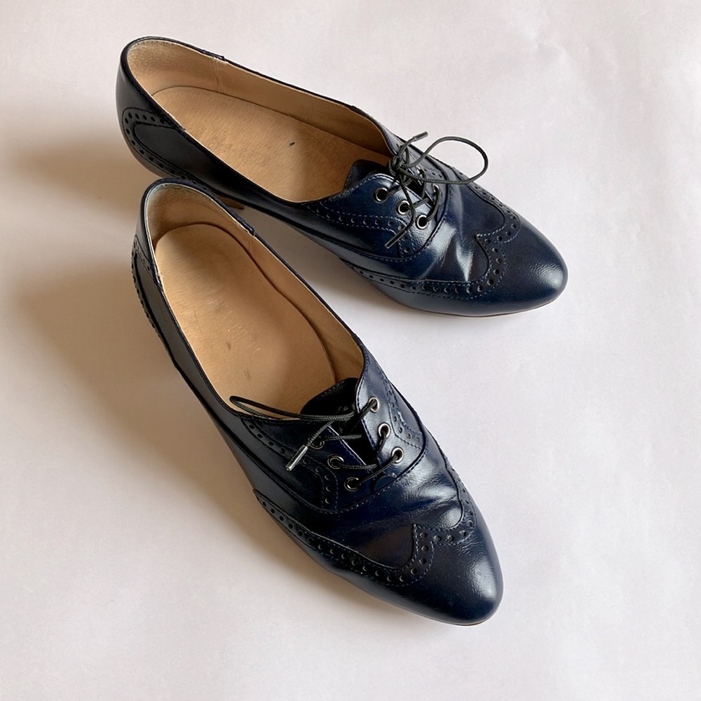 Chelsea Crew Demi Navy Blue Oxford Brogue Lace Up Kitten Heel Shoes 8.5